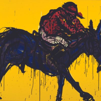 Painting of a jockey on his horse